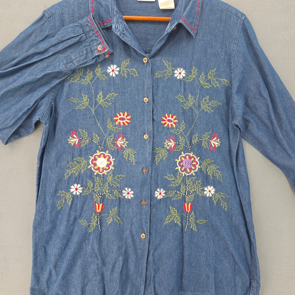 Bobbie Brooks Womens Medium Denim Floral Embroidered Button Down Shirt Blue